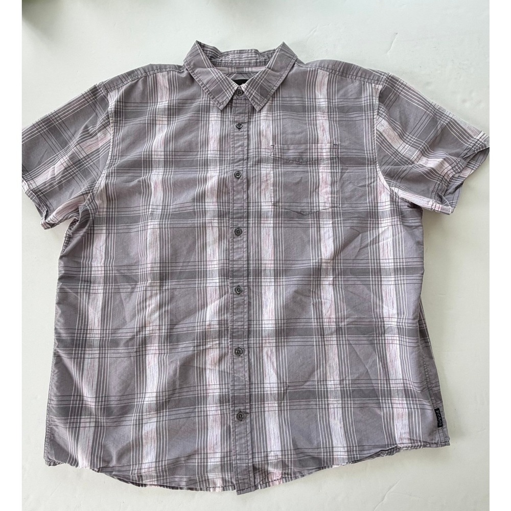 Prana Mens XXL Grey Plaid Short Sleeve Organic Cotton Blend Button Down Shirt